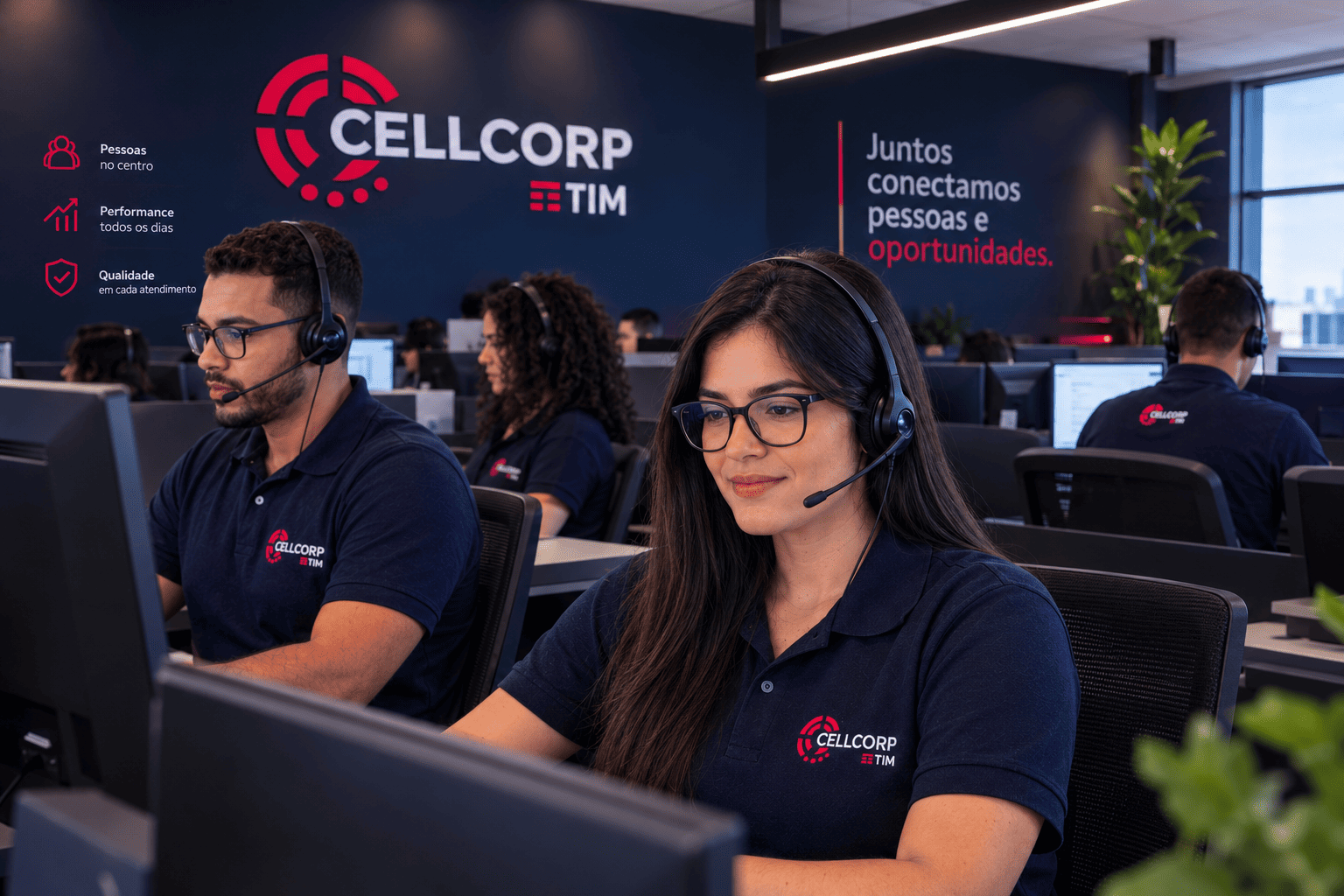 Equipe Cellcorp em ambiente corporativo de atendimento empresarial
