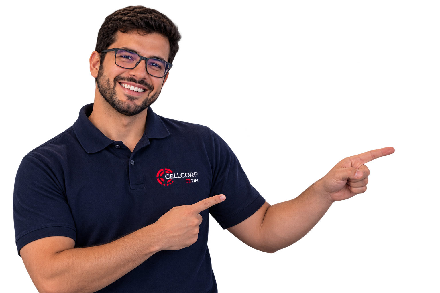 Consultor Cellcorp apontando para os depoimentos de clientes